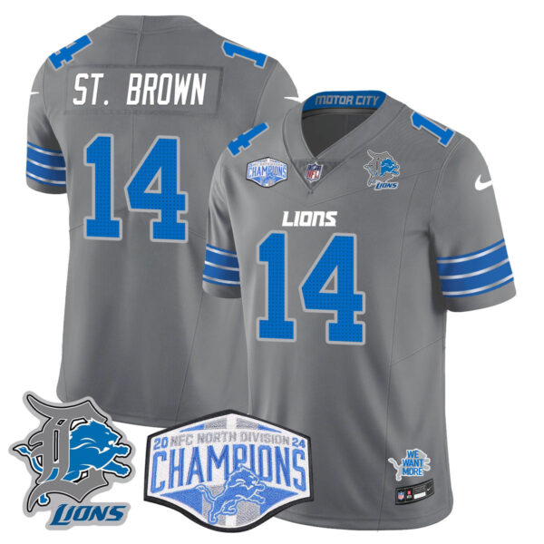 Detroit Lions 2024 NFC North Champions Gold Jersey – All Stitched – Amon-Ra St. Brown – 14 – Gray Jersey