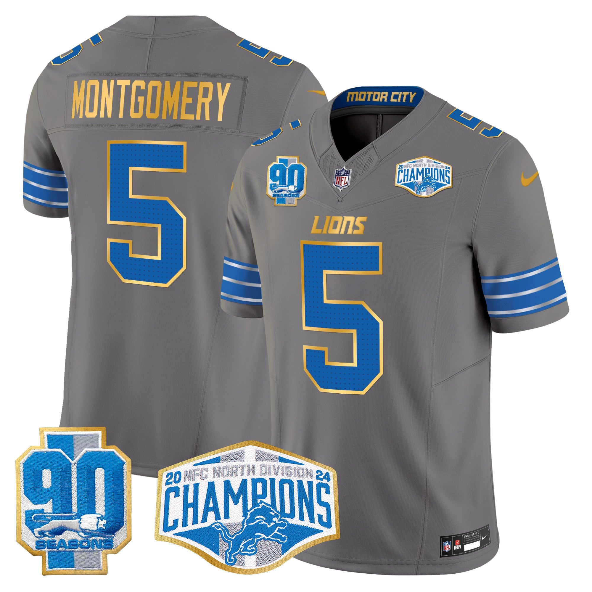 Detroit Lions 2024 NFC North Division Champions Patch Gold Trim Vapor Limited Jersey – All Stitched – Gray – David Montgomery Jersey