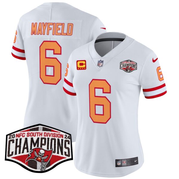 Women’s Tampa Bay Buccaneers Creamsicle 2024 NFC South Division Champions Patch Vapor Limited Jersey – All Stitched – White – Baker Mayfield Jersey
