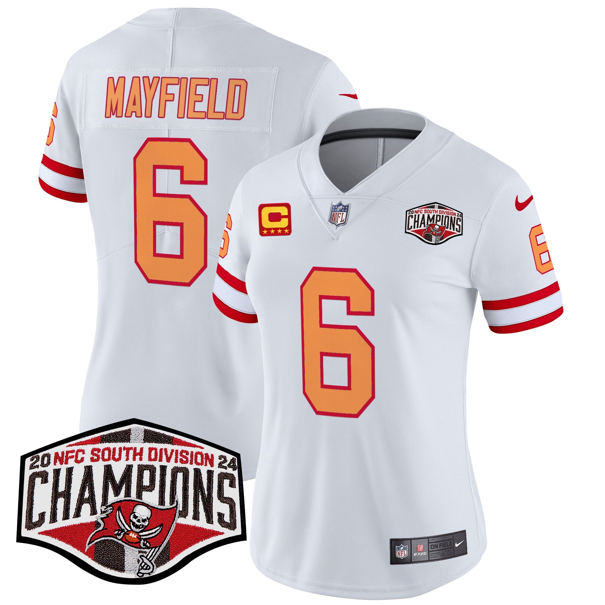 Women’s Tampa Bay Buccaneers Creamsicle 2024 NFC South Division Champions Patch Vapor Limited Jersey – All Stitched – White – Baker Mayfield Jersey