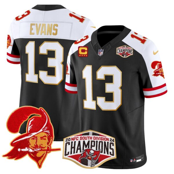 Buccaneers Creamsicle 2024 NFC South Division Champions Patch Gold Trim Vapor Limited Jersey – All Stitched – Black Alternate – Mike Evans Jersey