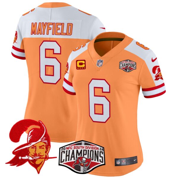 Women’s Tampa Bay Buccaneers Creamsicle 2024 NFC South Division Champions Patch Vapor Limited Jersey – All Stitched – Creamsicle Alternate – Baker Mayfield Jersey