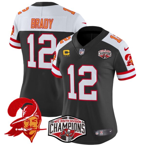 Women’s Tampa Bay Buccaneers Creamsicle 2024 NFC South Division Champions Patch Vapor Limited Jersey – All Stitched – Black Alternate – Tom Brady Jersey