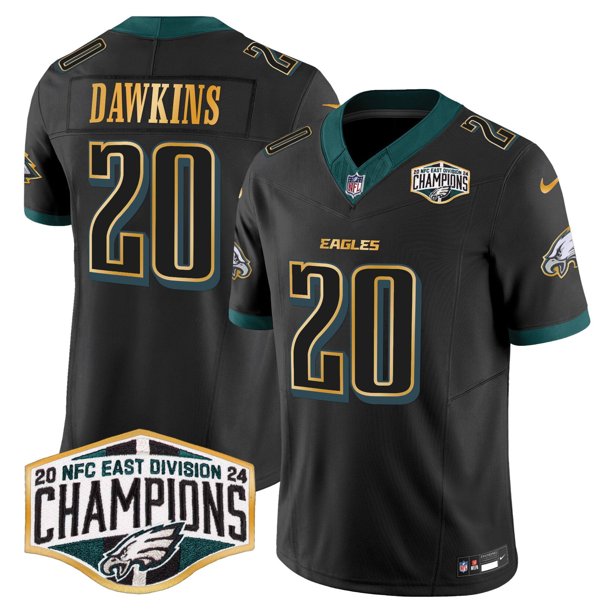 Eagles 2024 NFC East Division Champions Gold Trim Vapor Limited Jersey – All Stitched – Black – Brian Dawkins Jersey