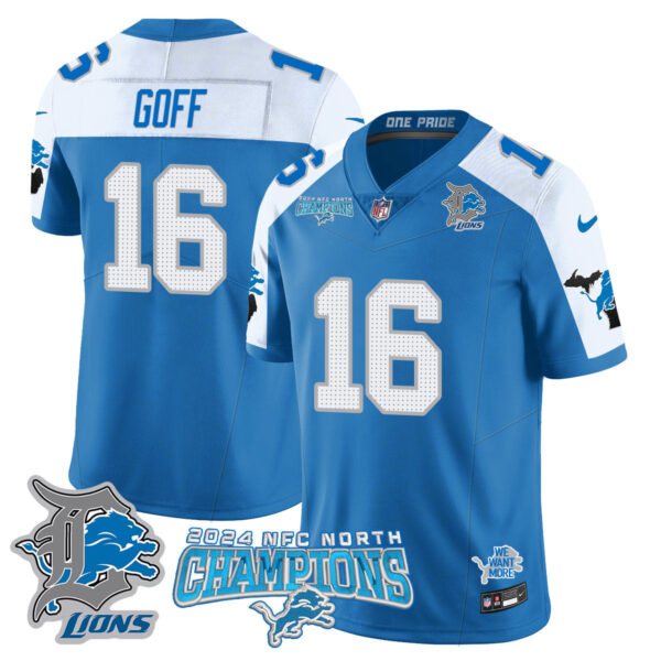 Detroit Lions 2024 NFC North Champions Gold Jersey N1 – All Stitched – Jared Goff – 16 – Blue Alternate Jersey