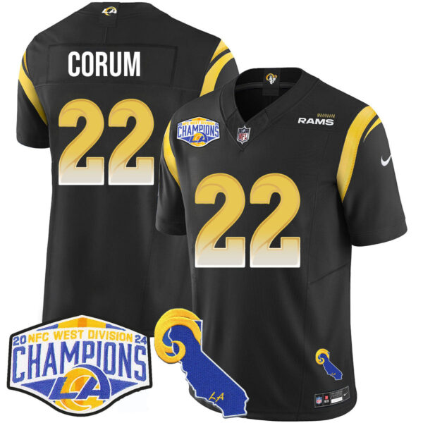 Los Angeles Rams 2024 NFC West Division Champions Jersey N1 – All Stitched – Blake Corum – 22 – Black Jersey