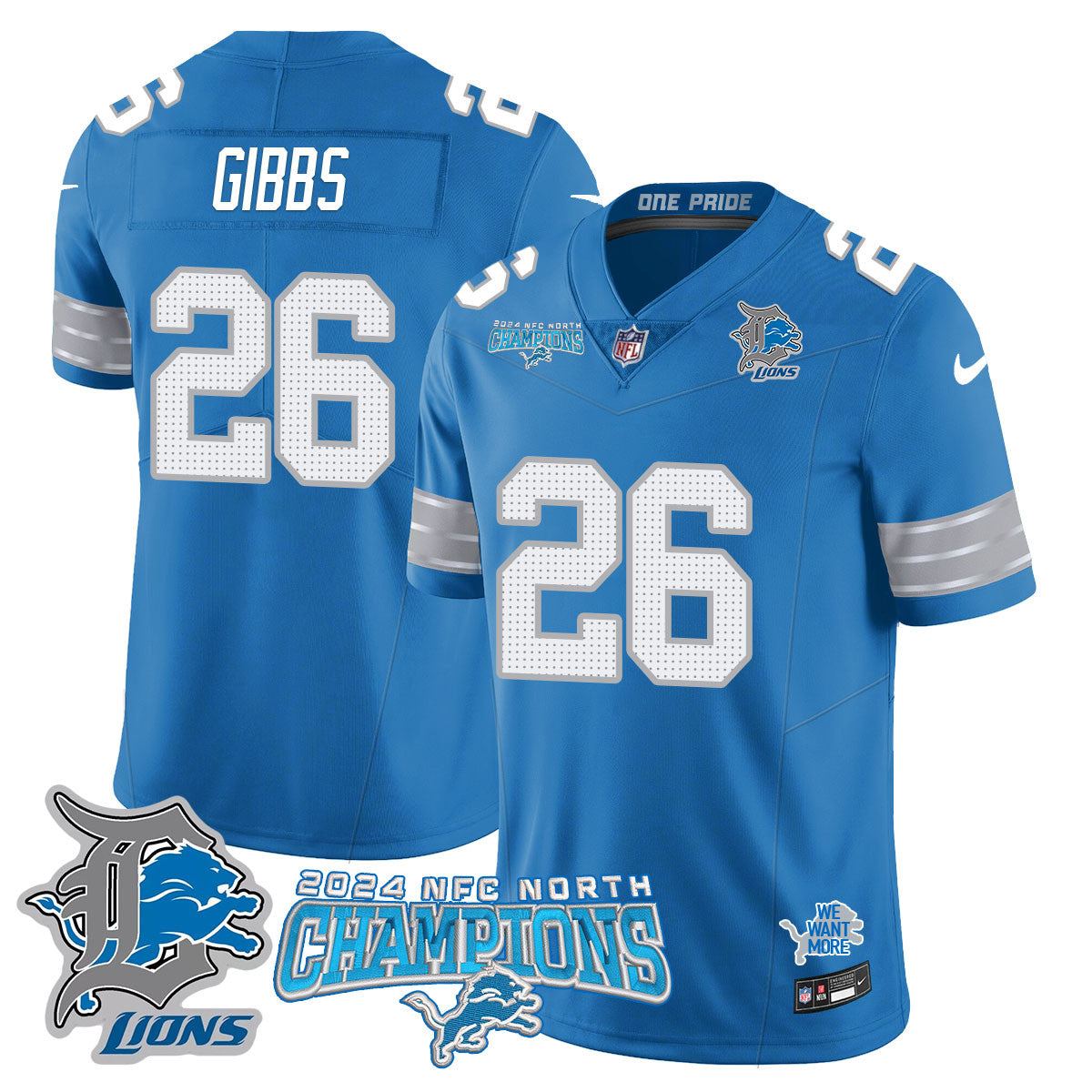 Detroit Lions 2024 NFC North Champions Gold Jersey N1 – All Stitched – Jahmyr Gibbs – 26 – Blue Jersey
