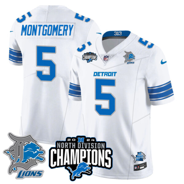 Detroit Lions 2024 NFC North Champions Gold Jersey N2 – All Stitched – David Montgomery – 5 – White Jersey