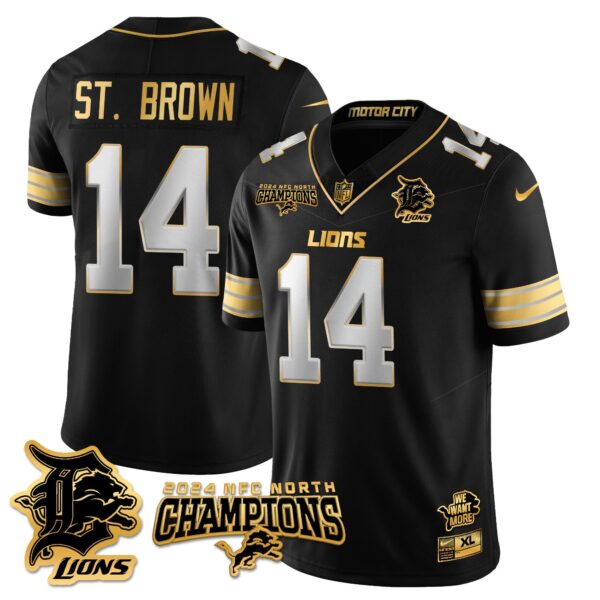 Detroit Lions 2024 NFC North Champions Gold Jersey N1 – All Stitched – Amon-Ra St. Brown – 14 – Black Limited Jersey