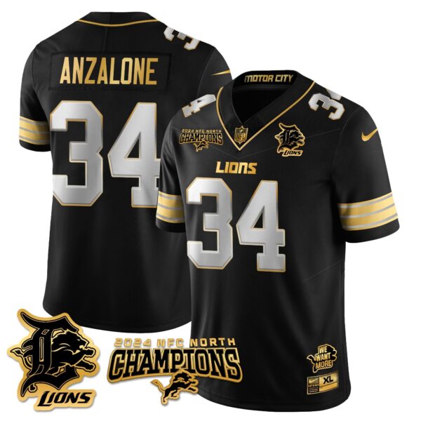Detroit Lions 2024 NFC North Champions Gold Jersey N1 – All Stitched – Alex Anzalone – 34 – Black Limited Jersey