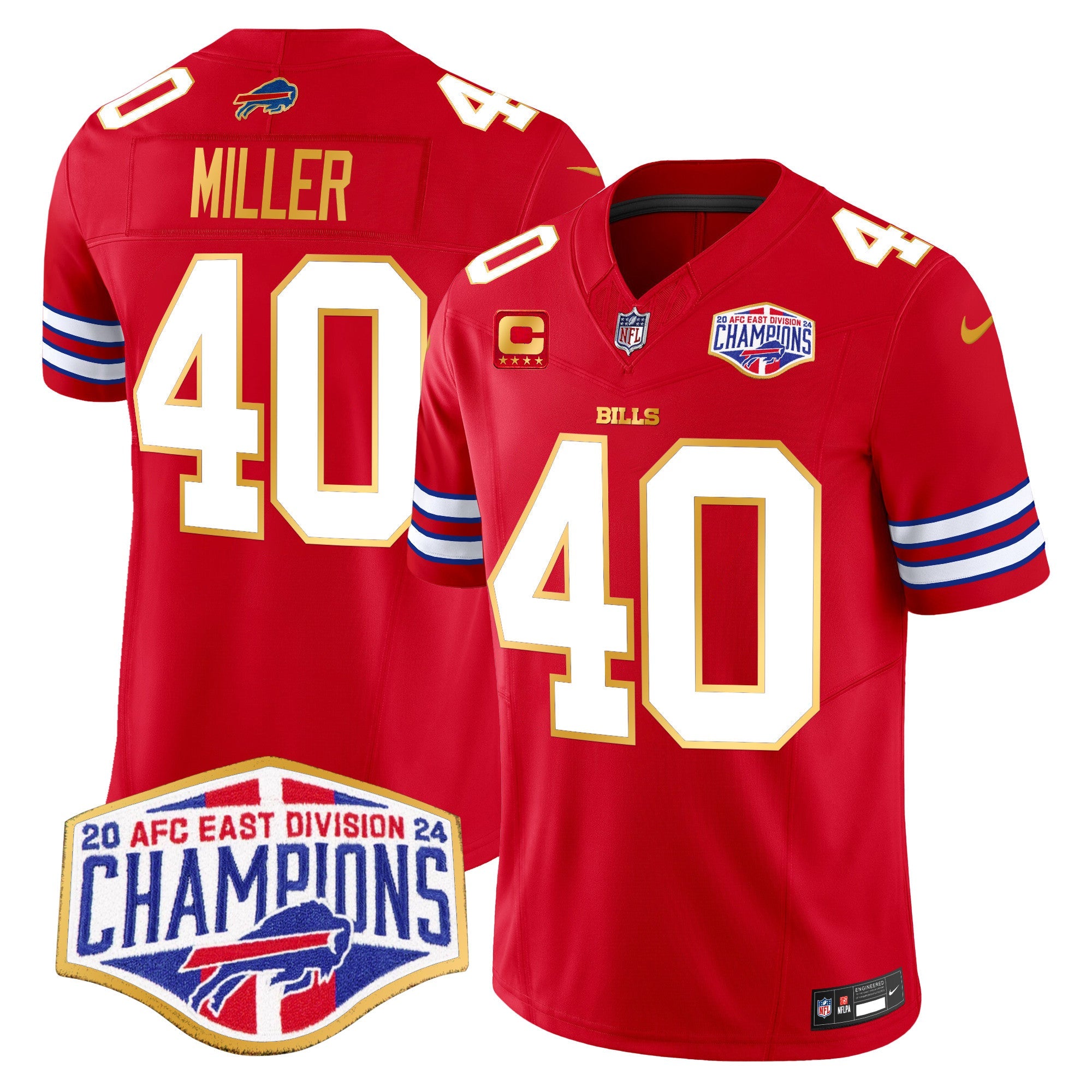 Bills 2024 AFC East Division Champions Gold Trim Vapor Limited Jersey – All Stitched – Red – Von Miller Jersey