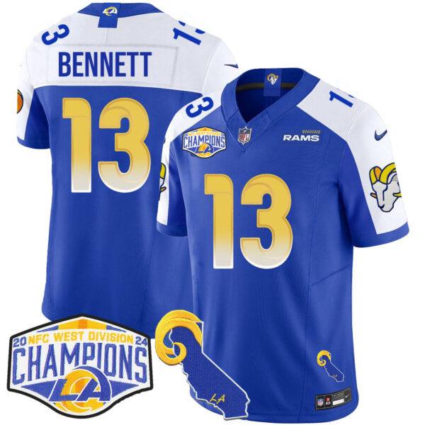 Los Angeles Rams 2024 NFC West Division Champions Jersey N1 – All Stitched – Stetson Bennett – 13 – Royal Alternate Jersey
