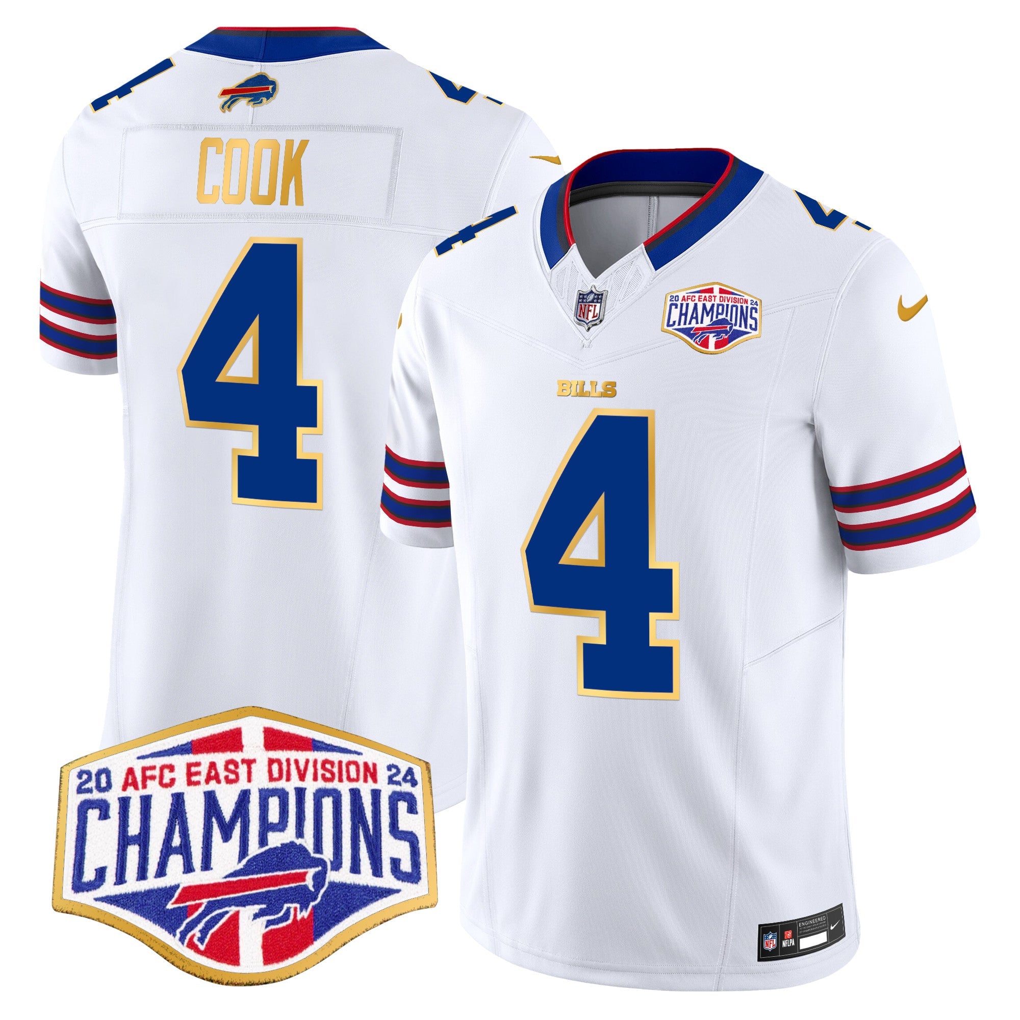 Bills 2024 AFC East Division Champions Gold Trim Vapor Limited Jersey – All Stitched – White – James Cook Jersey