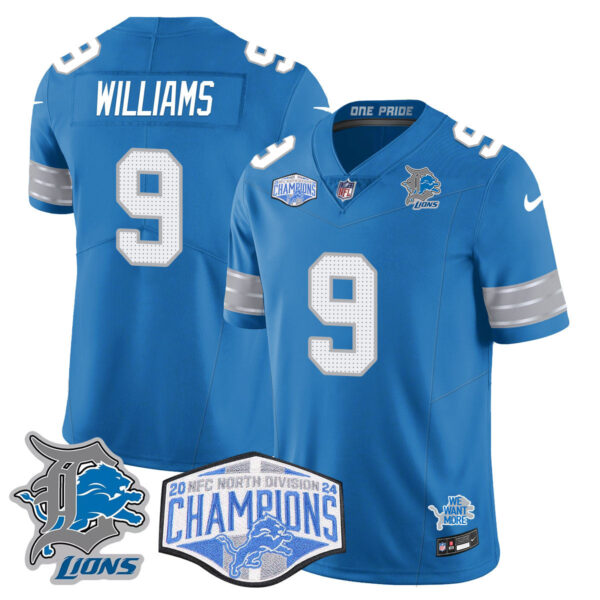 Detroit Lions 2024 NFC North Champions Gold Jersey – All Stitched – Jameson Williams – 9 – Blue Jersey