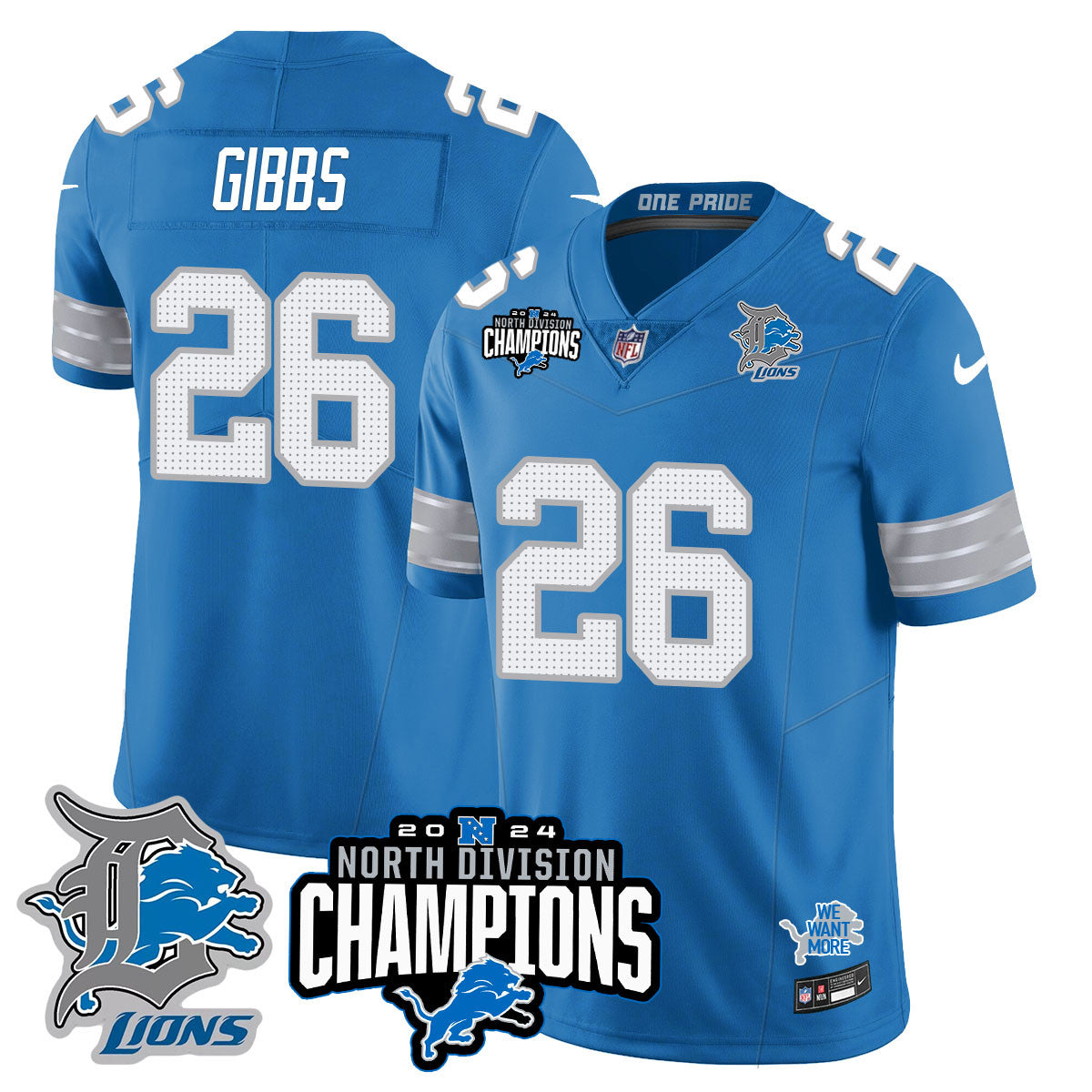 Detroit Lions 2024 NFC North Champions Gold Jersey N2 – All Stitched – Jahmyr Gibbs – 26 – Blue Jersey