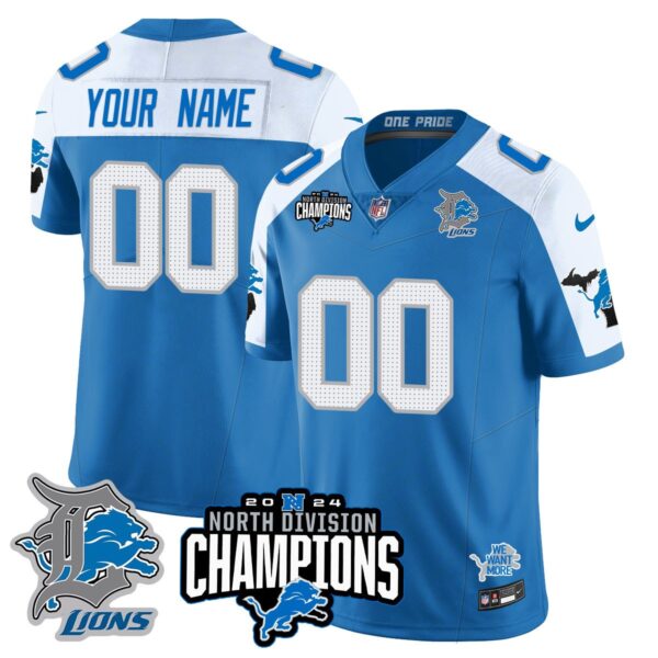 Custom Gender/Name Detroit Lions 2024 NFC North Champions Gold Jersey N2 – All Stitched – Blue Alternate Jersey
