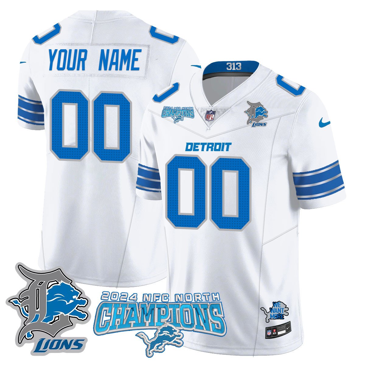 Custom Gender/Name Detroit Lions 2024 NFC North Champions Gold Jersey N1 – All Stitche – White Jersey