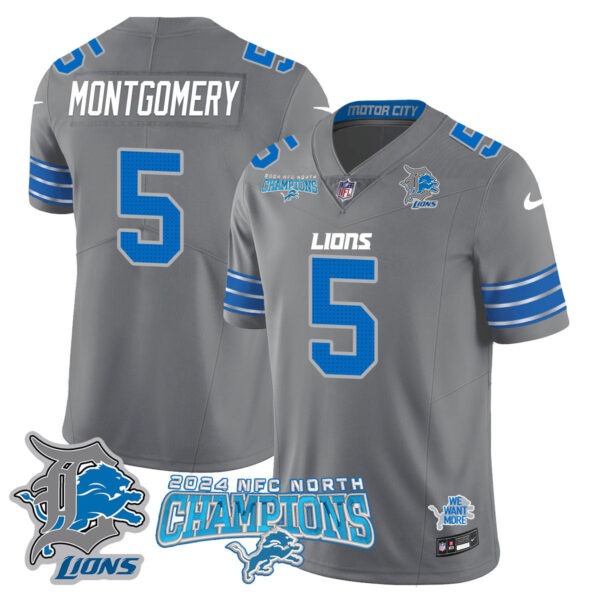 Detroit Lions 2024 NFC North Champions Gold Jersey N1 – All Stitched – David Montgomery – 5 – Gray Jersey