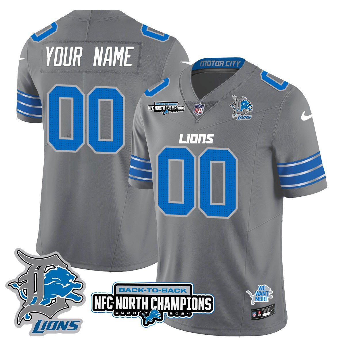 Custom Gender/Name Detroit Lions 2024 NFC North Champions Gold Jersey N3 – All Stitched – Gray Jersey
