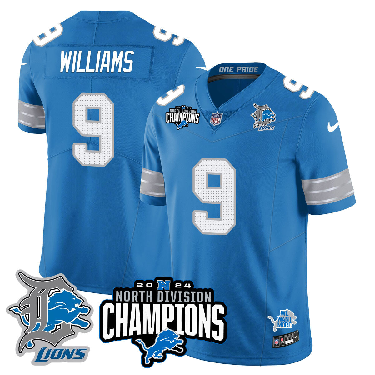 Detroit Lions 2024 NFC North Champions Gold Jersey N2 – All Stitched – Jameson Williams – 9 – Blue Jersey