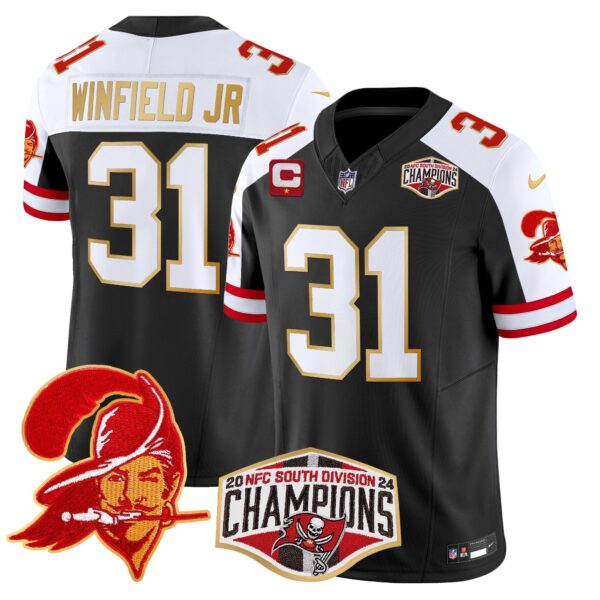 Buccaneers Creamsicle 2024 NFC South Division Champions Patch Gold Trim Vapor Limited Jersey – All Stitched – Black Alternate – Antoine Winfield Jr. Jersey