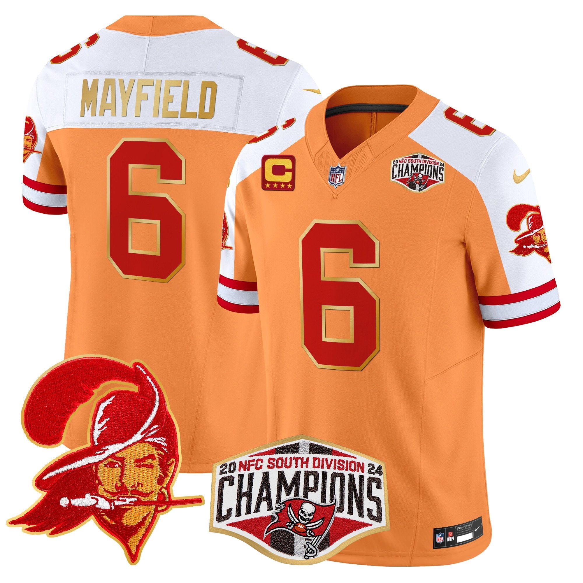 Buccaneers Creamsicle 2024 NFC South Division Champions Patch Gold Trim Vapor Limited Jersey – All Stitched – Creamsicle Alternate – Baker Mayfield Jersey