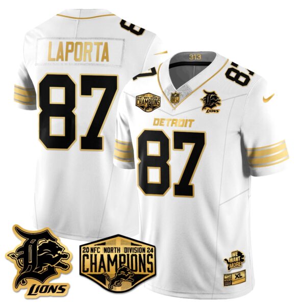 Detroit Lions 2024 NFC North Champions Gold Jersey – All Stitched – Sam LaPorta – 87 – White Gold Jersey