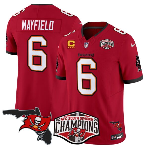 Buccaneers 2024 NFC South Division Champions Patch Vapor Limited Jersey – All Stitched – Red – Baker Mayfield Jersey