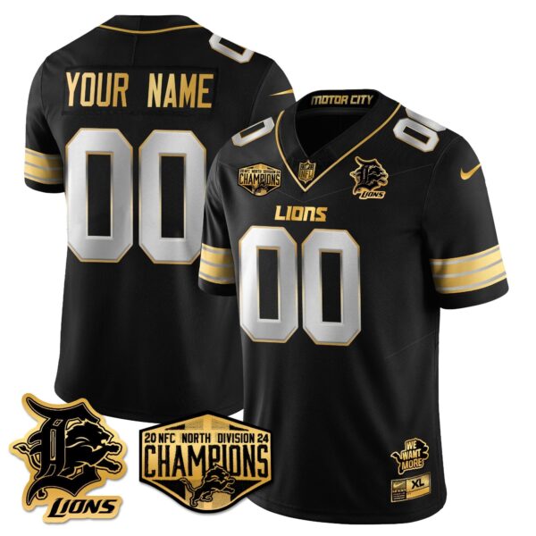 Custom Gender/Name Detroit Lions 2024 NFC North Champions Gold Jersey – All Stitche – Black Limited Jersey