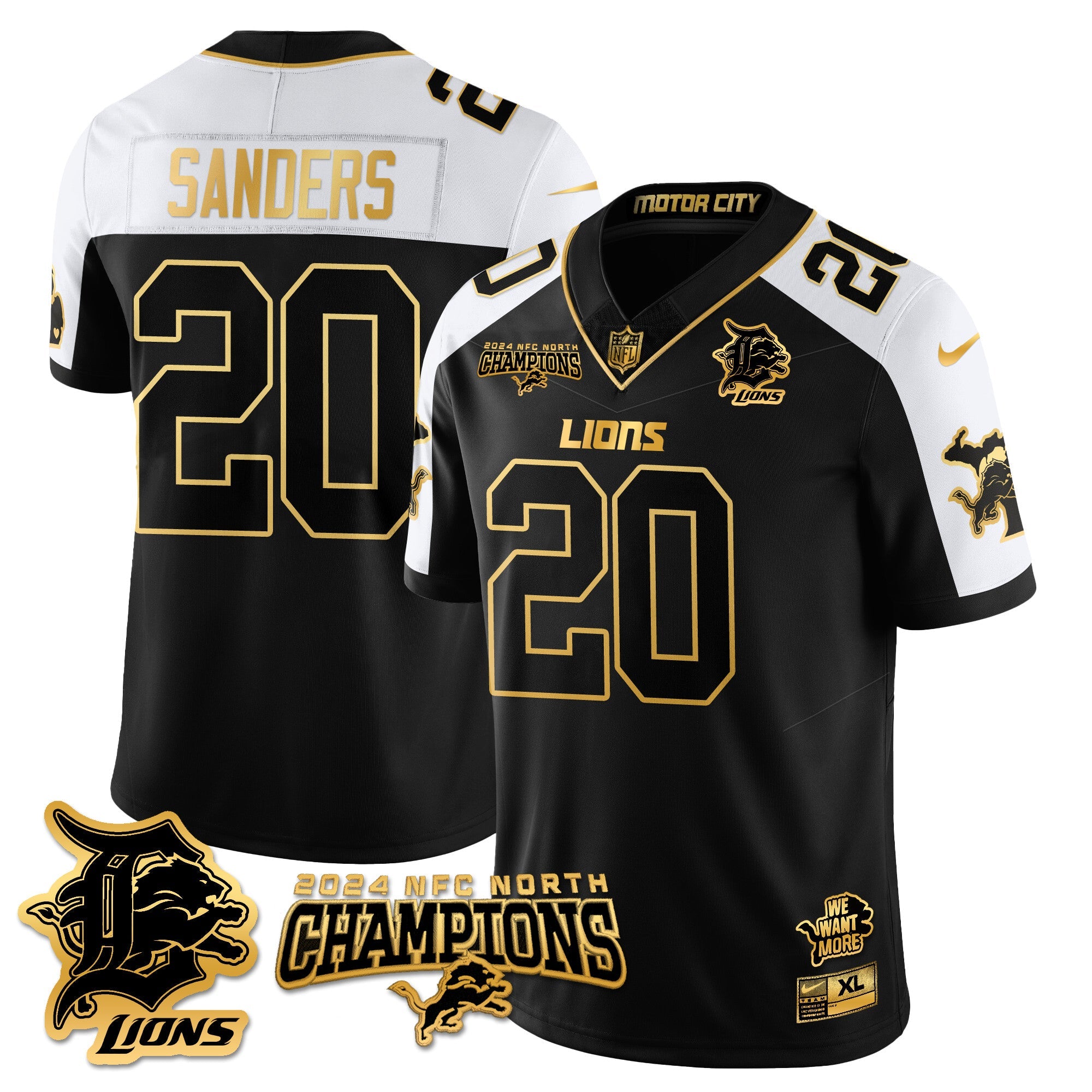 Detroit Lions 2024 NFC North Champions Gold Jersey N1 – All Stitched – Barry Sanders – 20 – Alternate Jersey