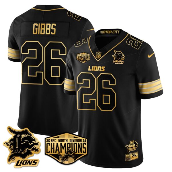 Detroit Lions 2024 NFC North Champions Gold Jersey – All Stitched – Jahmyr Gibbs – 26 – Black Gold Jersey
