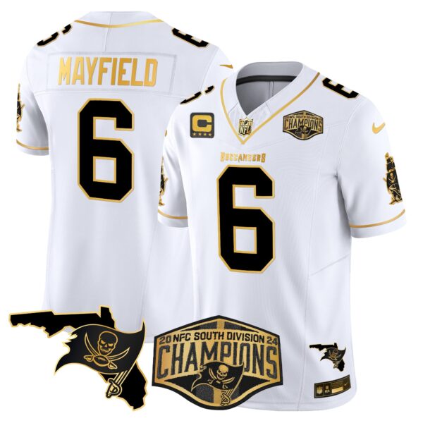 Buccaneers 2024 NFC South Division Champions Patch Gold Vapor Limited Jersey – All Stitched – White Gold – Baker Mayfield Jersey