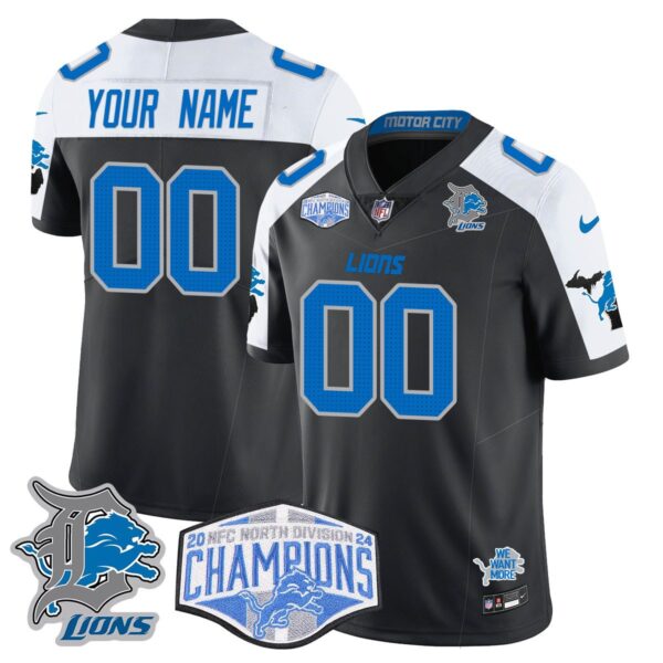 Custom Gender/Name Detroit Lions 2024 NFC North Champions Gold Jersey – All Stitche – Black Alternate Jersey