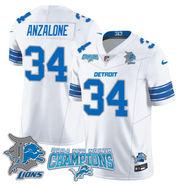 Detroit Lions 2024 NFC North Champions Gold Jersey N1 – All Stitched – Alex Anzalone – 34 – White Jersey