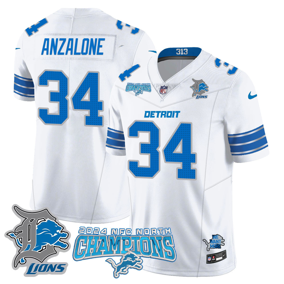 Detroit Lions 2024 NFC North Champions Gold Jersey N1 – All Stitched – Alex Anzalone – 34 – White Jersey