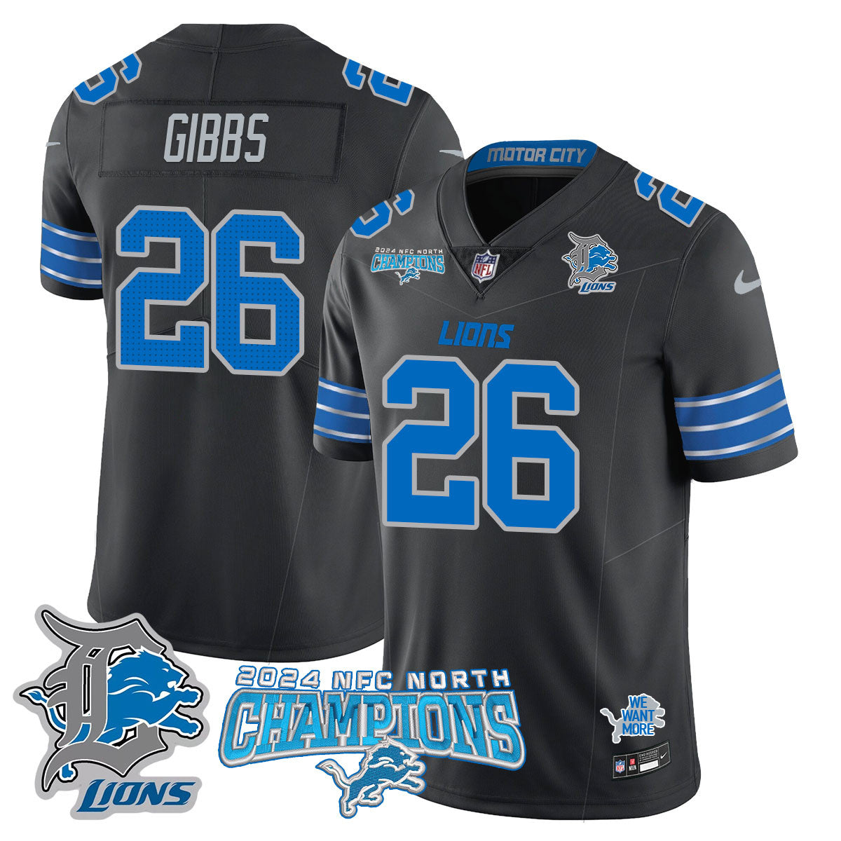 Detroit Lions 2024 NFC North Champions Gold Jersey N1 – All Stitched – Jahmyr Gibbs – 26 – Black Jersey