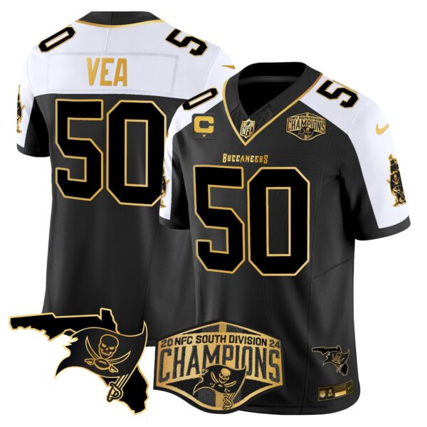 Buccaneers 2024 NFC South Division Champions Patch Gold Vapor Limited Jersey – All Stitched – Black Alternate – Vita Vea Jersey