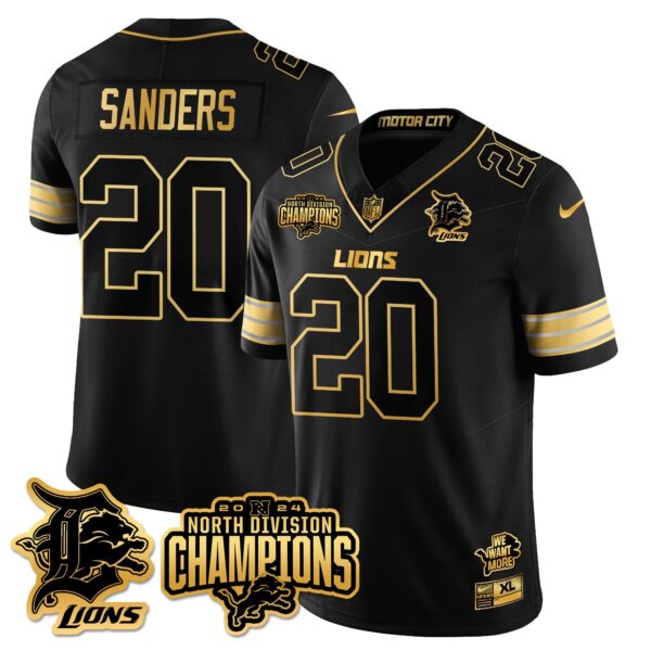 Detroit Lions 2024 NFC North Champions Gold Jersey N2 – All Stitched – Barry Sanders – 20 – Black Gold Jersey