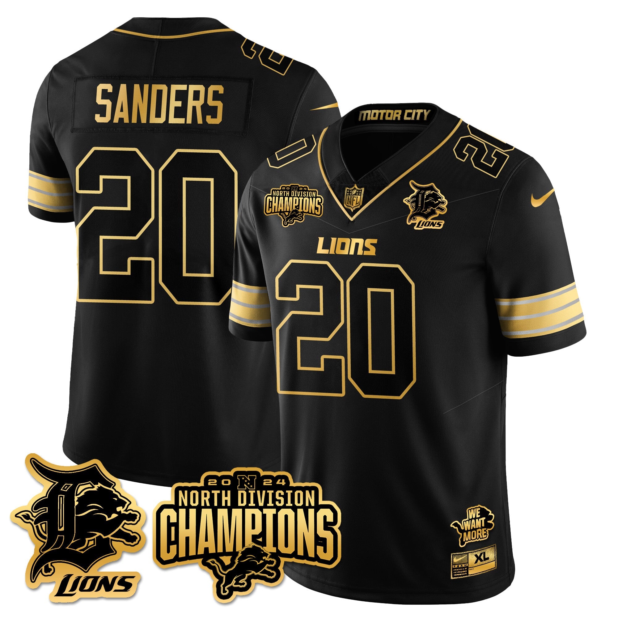 Detroit Lions 2024 NFC North Champions Gold Jersey N2 – All Stitched – Barry Sanders – 20 – Black Gold Jersey