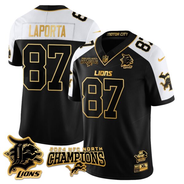 Detroit Lions 2024 NFC North Champions Gold Jersey N1 – All Stitched – Sam LaPorta – 87 – Alternate Jersey