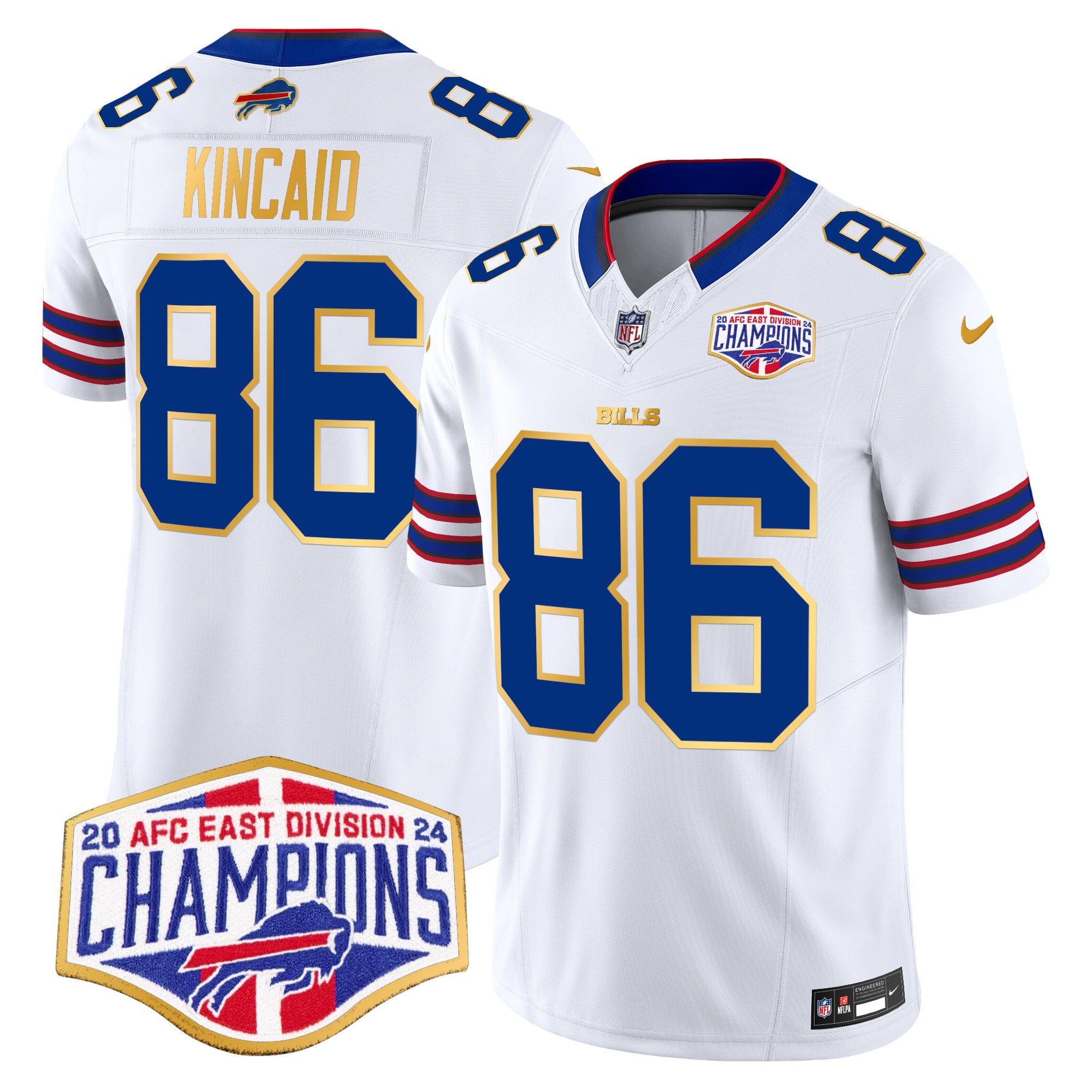 Bills 2024 AFC East Division Champions Gold Trim Vapor Limited Jersey – All Stitched – White – Dalton Kincaid Jersey