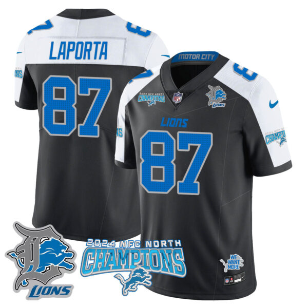 Detroit Lions 2024 NFC North Champions Gold Jersey N1 – All Stitched – Sam LaPorta – 87 – Black Alternate Jersey