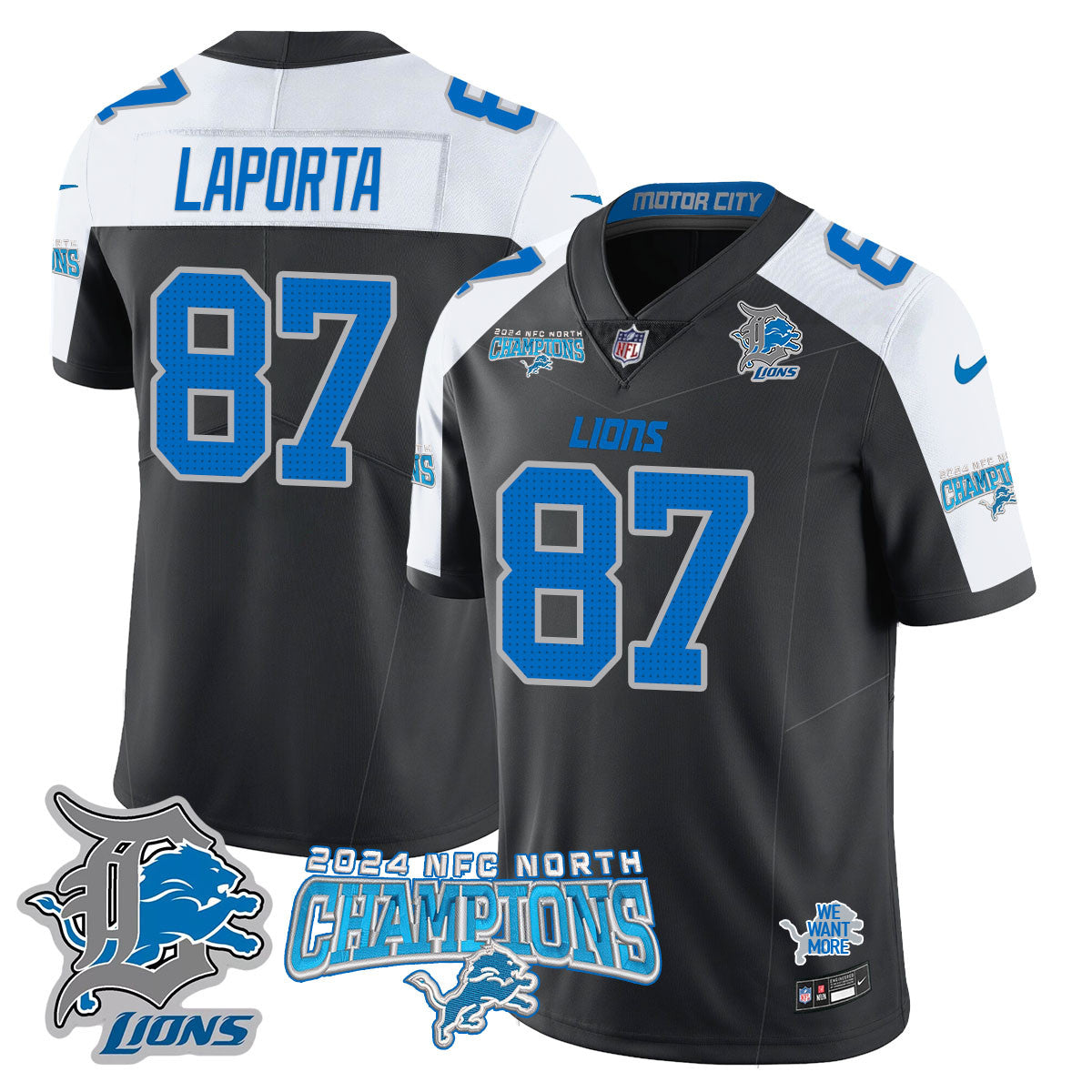 Detroit Lions 2024 NFC North Champions Gold Jersey N1 – All Stitched – Sam LaPorta – 87 – Black Alternate Jersey