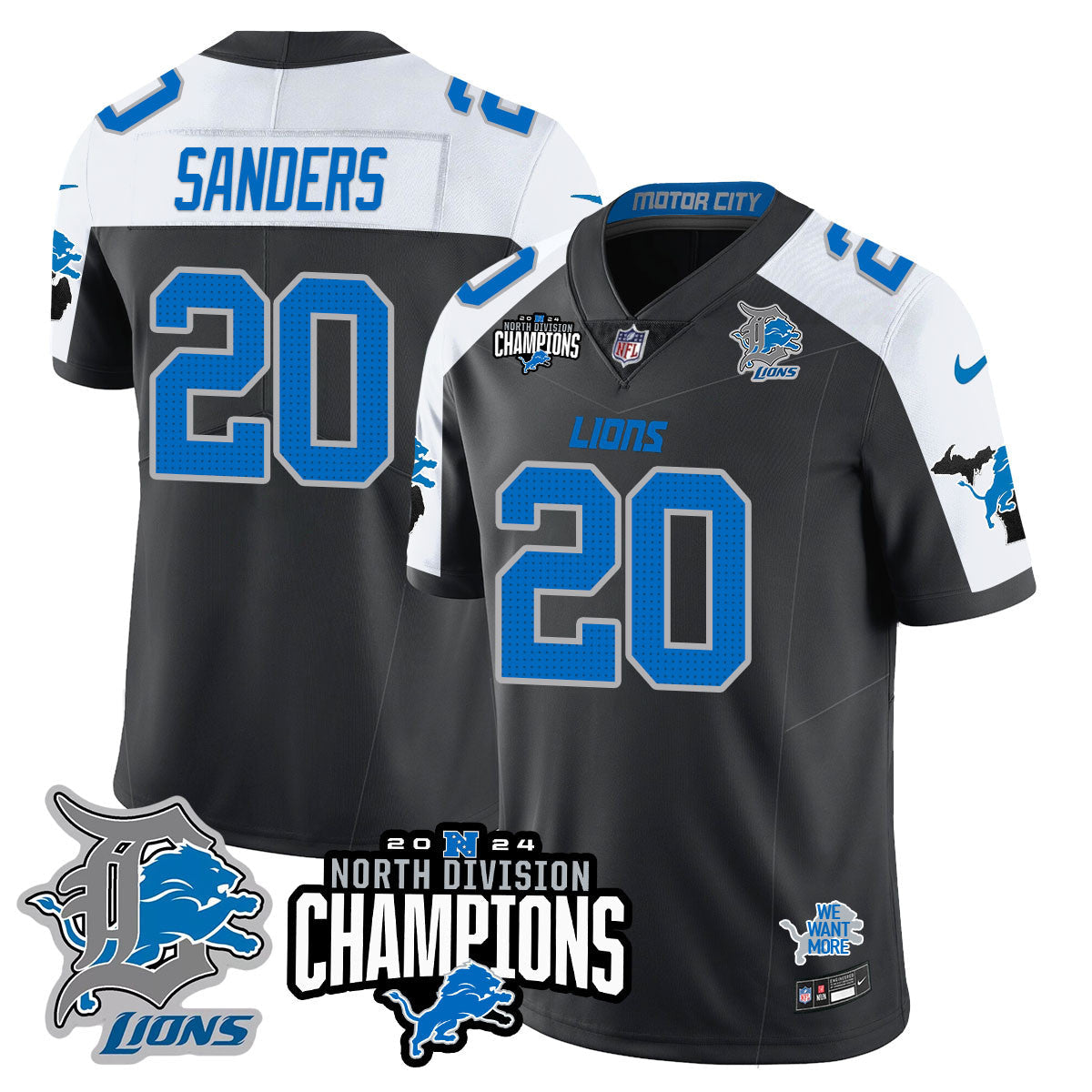Detroit Lions 2024 NFC North Champions Gold Jersey N2 – All Stitched – Barry Sanders – 20 – Black Alternate Jersey