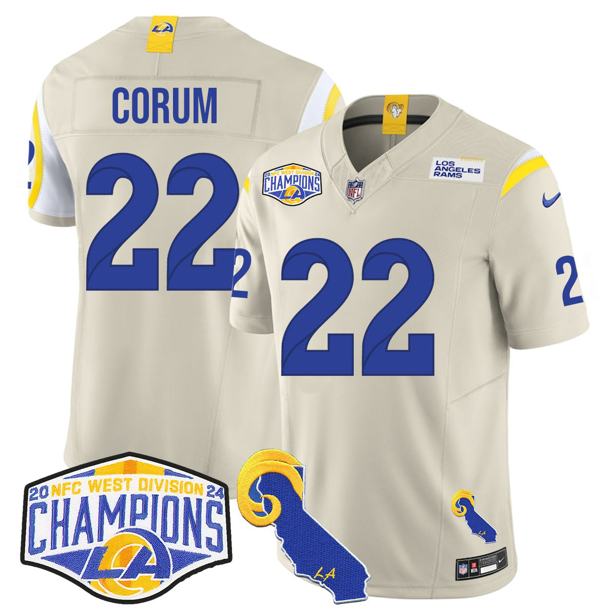 Los Angeles Rams 2024 NFC West Division Champions Jersey N1 – All Stitched – Blake Corum – 22 – Bone Jersey