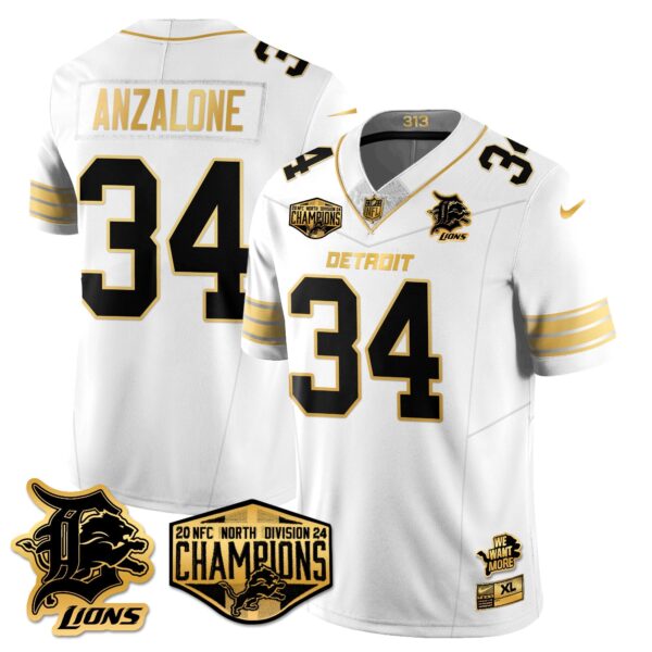Detroit Lions 2024 NFC North Champions Gold Jersey – All Stitched – Alex Anzalone – 34 – White Gold Jersey