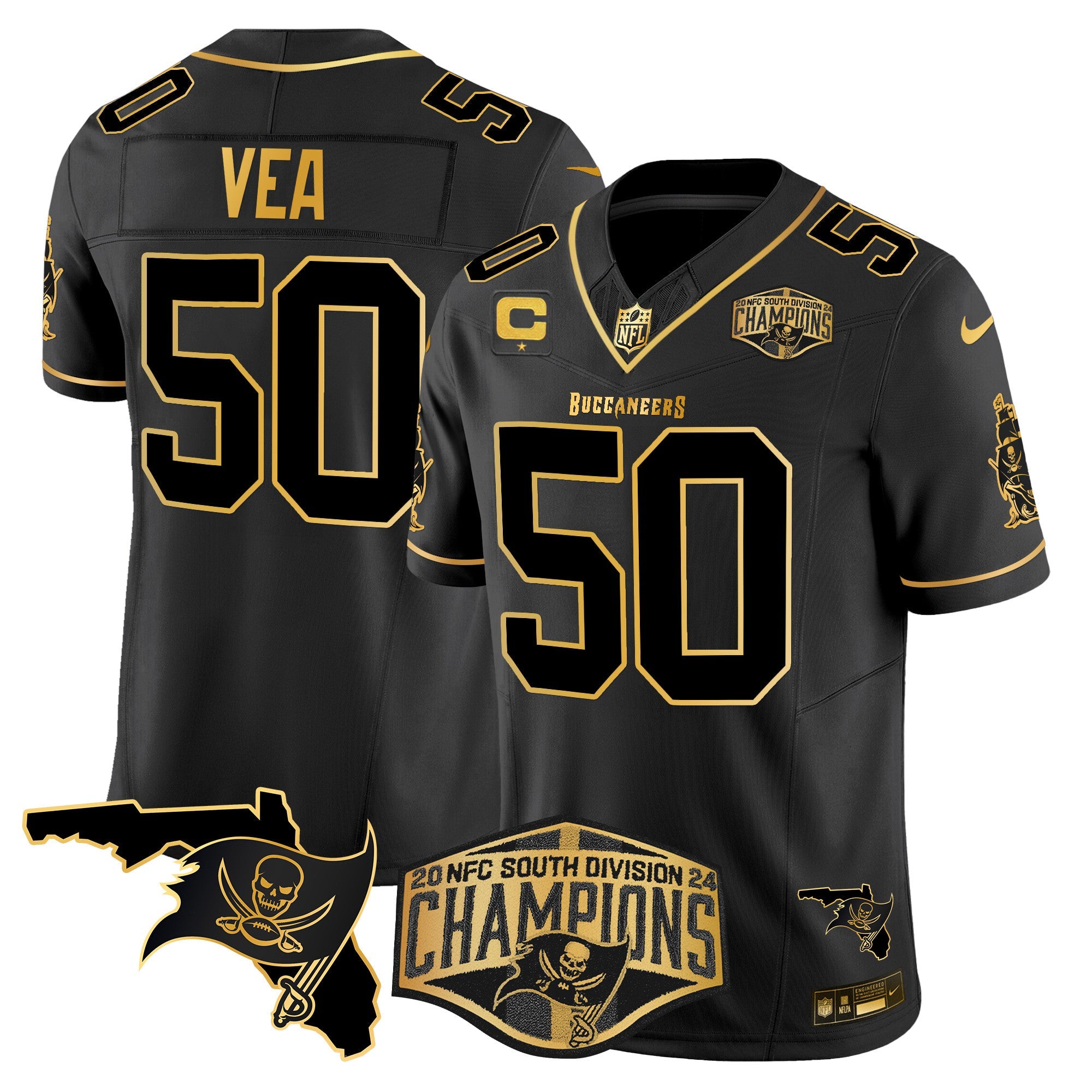 Buccaneers 2024 NFC South Division Champions Patch Gold Vapor Limited Jersey – All Stitched – Black Gold – Vita Vea Jersey