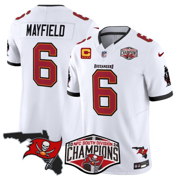Buccaneers 2024 NFC South Division Champions Patch Vapor Limited Jersey – All Stitched – White – Baker Mayfield Jersey