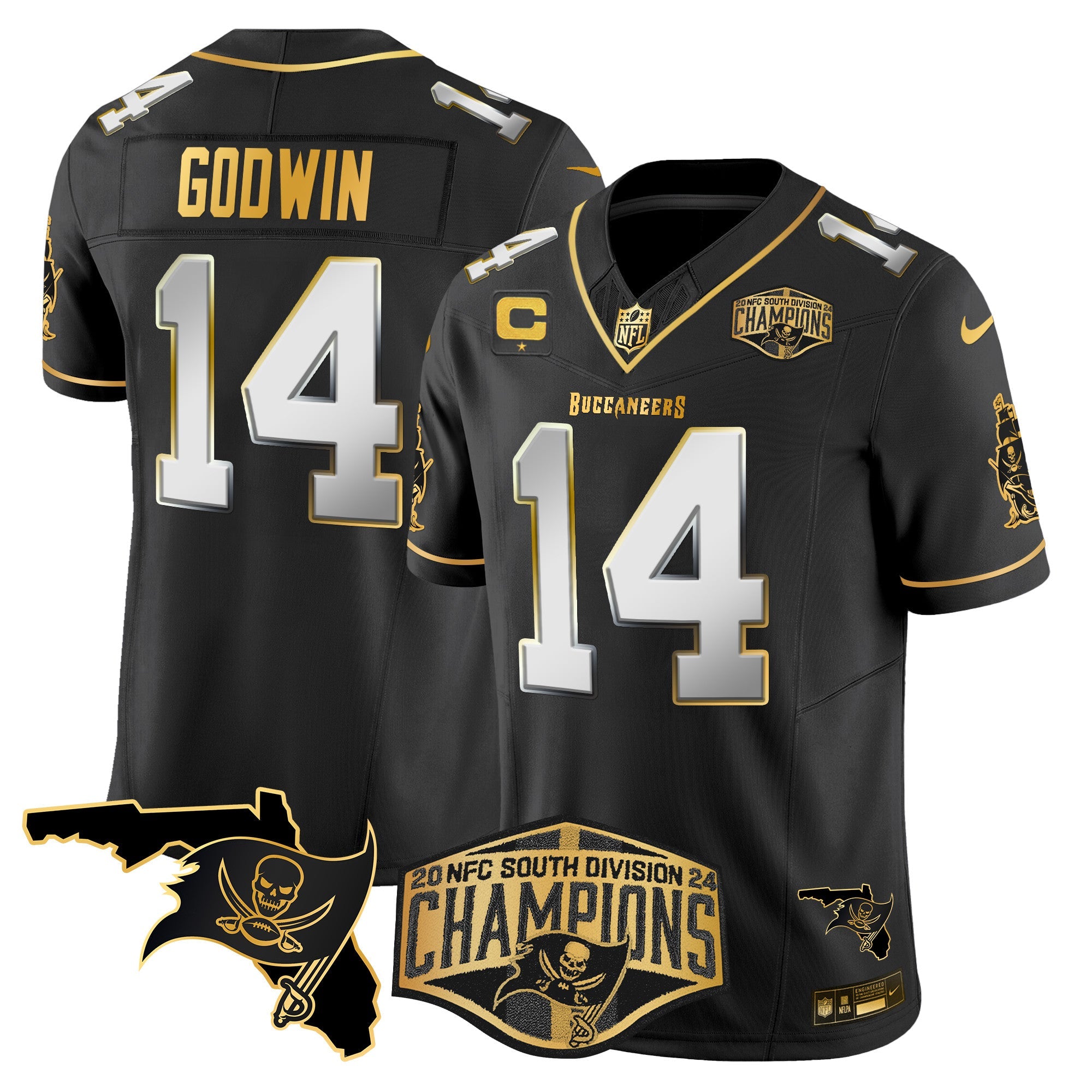 Buccaneers 2024 NFC South Division Champions Patch Gold Vapor Limited Jersey – All Stitched – Black Limited – Chris Godwin Jersey