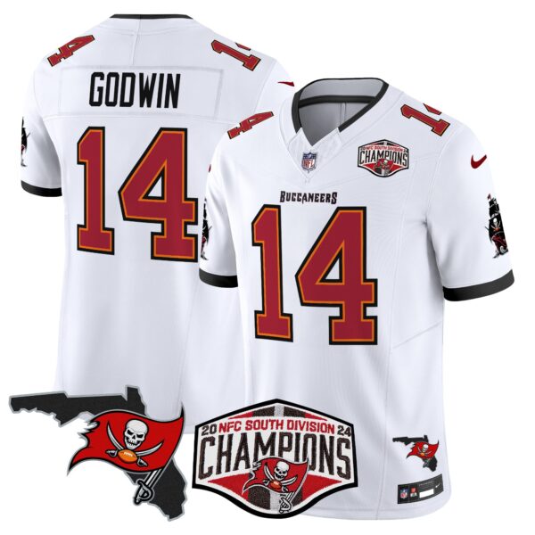 Buccaneers 2024 NFC South Division Champions Patch Vapor Limited Jersey – All Stitched – White – Chris Godwin Jersey